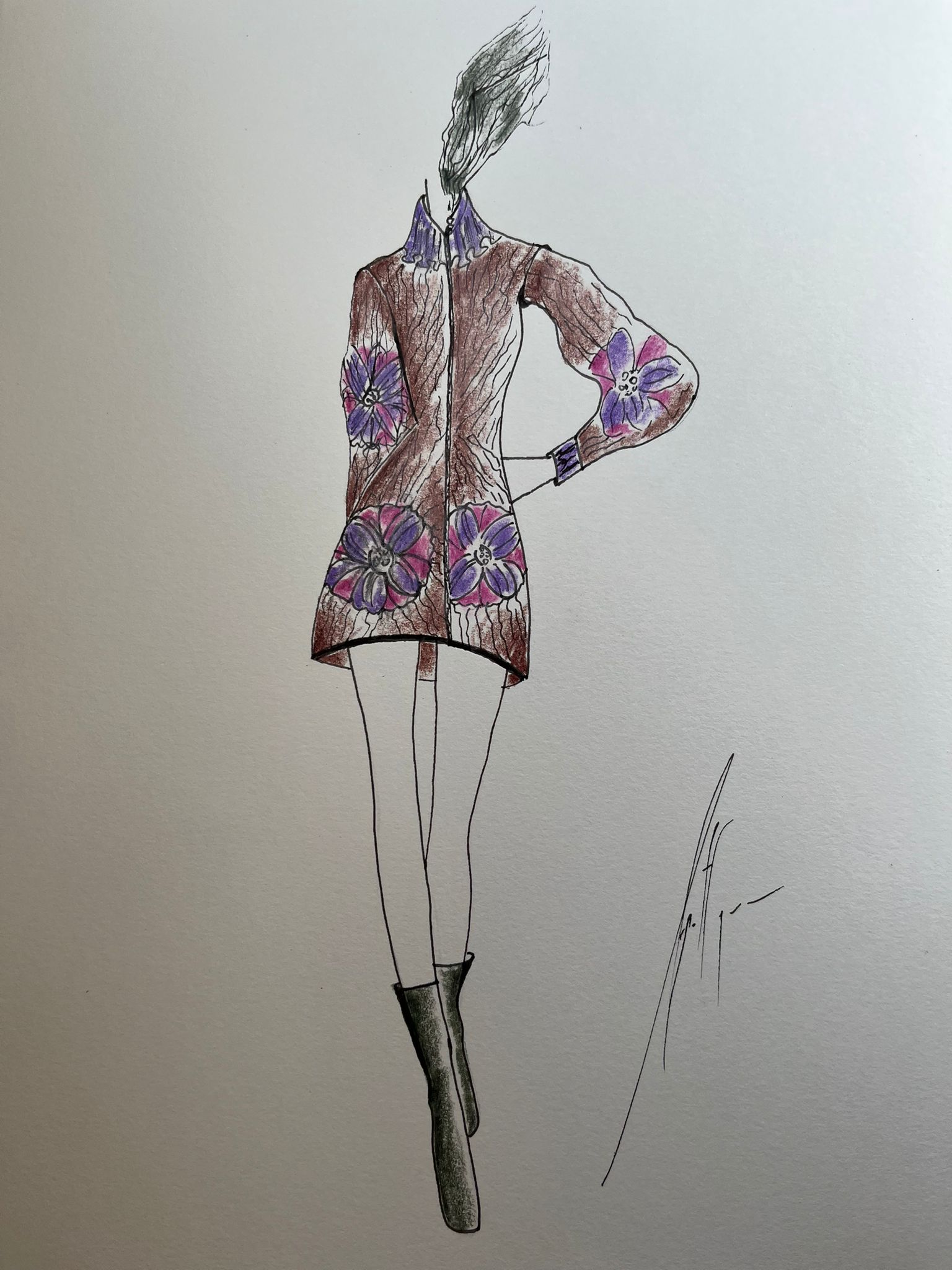 Drawing of a tunic dress in brown cashmere with bold flower motifs